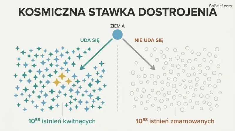 Fork diagram showing a tiny Earth diverging into two cosmic outcomes: a field of teal stars representing 10^58 flourishing lives, or a field of gray circles representing sterile waste.