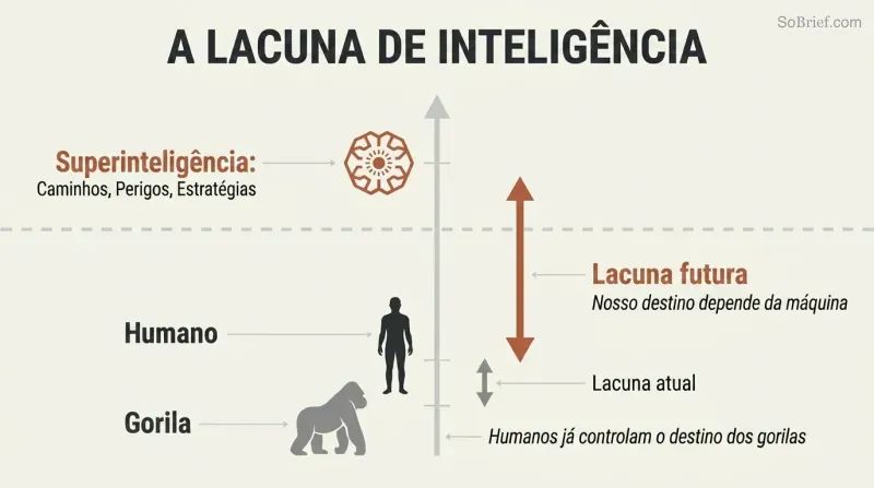 Vertical scale showing a small intelligence gap between gorilla and human silhouettes, dwarfed by an enormous gap stretching up to a superintelligence icon far above.