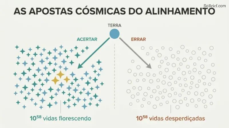 Fork diagram showing a tiny Earth diverging into two cosmic outcomes: a field of teal stars representing 10^58 flourishing lives, or a field of gray circles representing sterile waste.