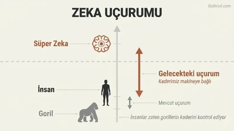 Vertical scale showing a small intelligence gap between gorilla and human silhouettes, dwarfed by an enormous gap stretching up to a superintelligence icon far above.