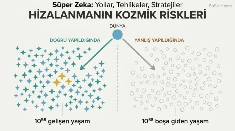 Fork diagram showing a tiny Earth diverging into two cosmic outcomes: a field of teal stars representing 10^58 flourishing lives, or a field of gray circles representing sterile waste.