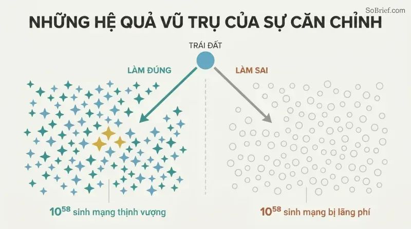 Fork diagram showing a tiny Earth diverging into two cosmic outcomes: a field of teal stars representing 10^58 flourishing lives, or a field of gray circles representing sterile waste.