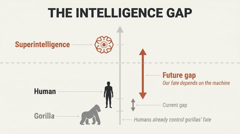 Vertical scale showing a small intelligence gap between gorilla and human silhouettes, dwarfed by an enormous gap stretching up to a superintelligence icon far above.