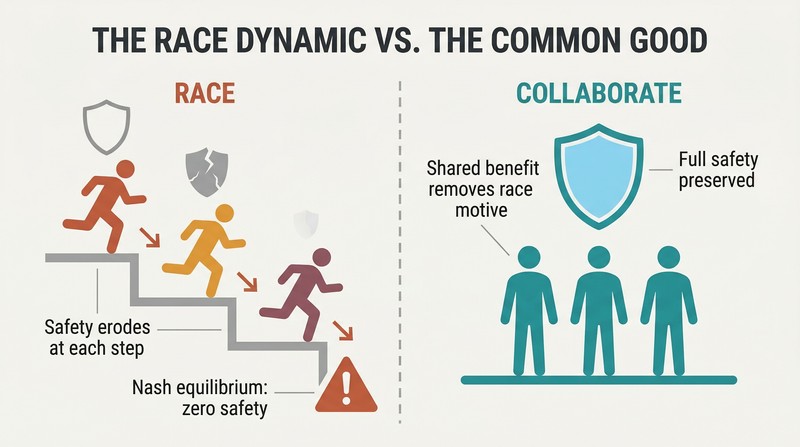 Split panel comparing an AI arms race where competitors descend stairs with shrinking safety shields against a cooperative model where figures share a full safety shield on level ground.