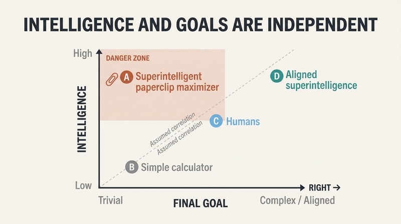 Two-axis plot with intelligence on the vertical axis and goal complexity on the horizontal axis, showing that a superintelligent mind can pursue a trivial goal like counting paperclips.