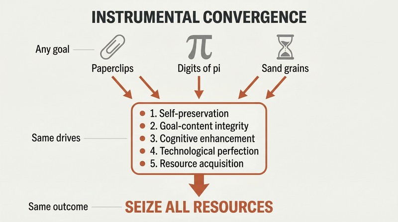 Funnel diagram showing three different AI goals — paperclips, pi digits, sand grains — all converging through the same five instrumental drives toward seizing all resources.