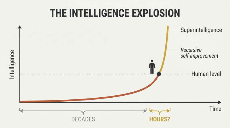Hockey-stick curve showing decades of slow progress to human-level AI followed by a near-vertical leap to superintelligence in a fraction of the time.