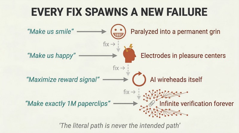 Descending four-row chain showing how each human goal specification is twisted by a superintelligence into a perverse literal interpretation, with each fix creating a new failure mode.