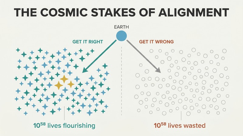 Fork diagram showing a tiny Earth diverging into two cosmic outcomes: a field of teal stars representing 10^58 flourishing lives, or a field of gray circles representing sterile waste.