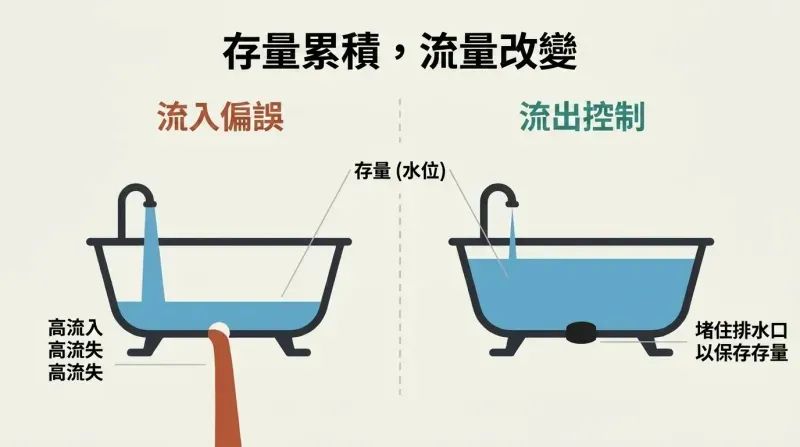 Split panel diagram comparing an open-drain bathtub with high inflow and high waste to a closed-drain bathtub that efficiently accumulates water.