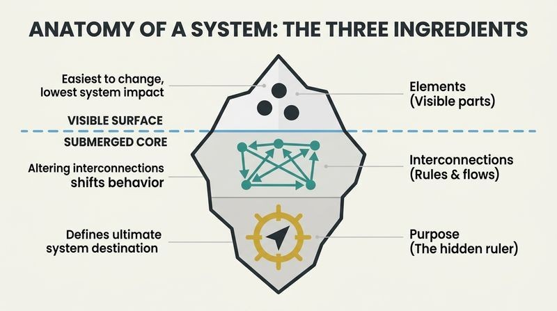 Iceberg diagram displaying three layers of a system, showing visible elements at the peak, submerged interconnections in the middle, and deep system purpose at the base.