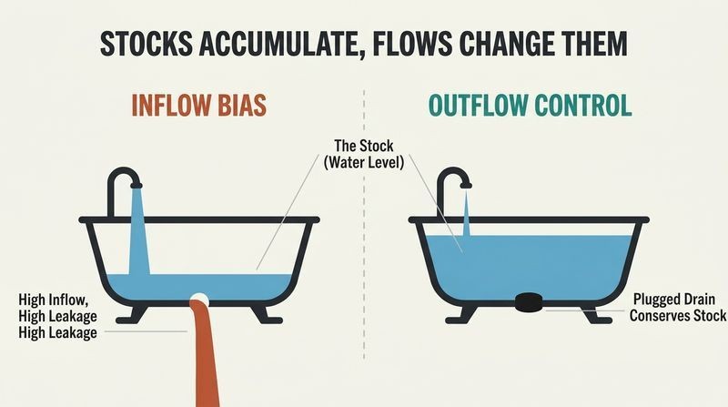 Split panel diagram comparing an open-drain bathtub with high inflow and high waste to a closed-drain bathtub that efficiently accumulates water.