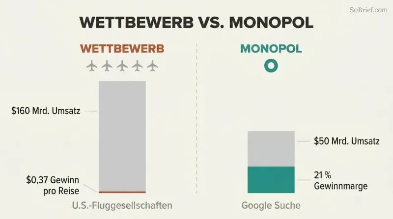 Split panel comparing airline competition with razor-thin profits against Google's monopoly with massive margins, using proportional revenue and profit bars.