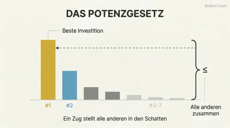 Descending bar chart showing one towering gold bar equaling or exceeding all other diminishing bars combined, illustrating power law distribution.