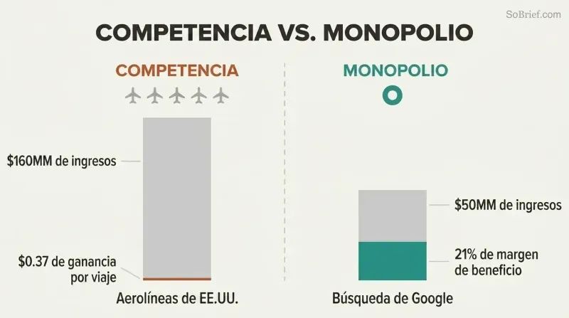 Split panel comparing airline competition with razor-thin profits against Google's monopoly with massive margins, using proportional revenue and profit bars.