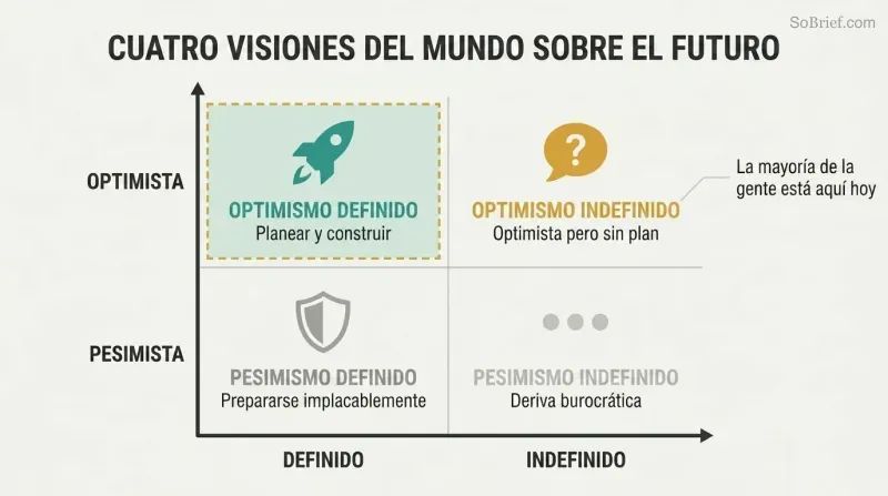 Two-by-two matrix mapping definite versus indefinite planning against optimism versus pessimism, highlighting definite optimism as the quadrant that builds breakthroughs.
