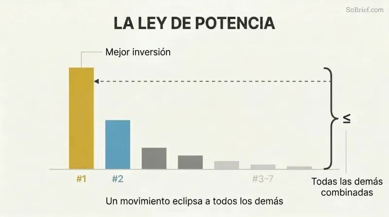 Descending bar chart showing one towering gold bar equaling or exceeding all other diminishing bars combined, illustrating power law distribution.