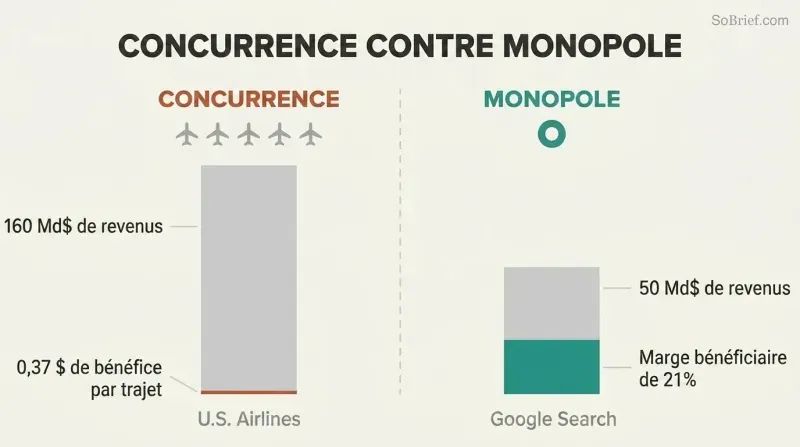 Split panel comparing airline competition with razor-thin profits against Google's monopoly with massive margins, using proportional revenue and profit bars.