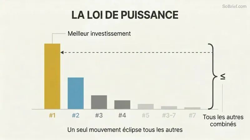 Descending bar chart showing one towering gold bar equaling or exceeding all other diminishing bars combined, illustrating power law distribution.