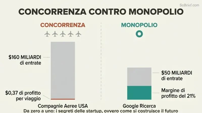 Split panel comparing airline competition with razor-thin profits against Google's monopoly with massive margins, using proportional revenue and profit bars.