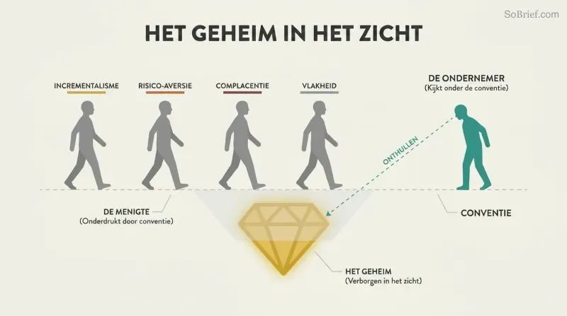 Cross-section showing four silhouettes walking along a convention line past a golden secret hidden just below the surface, while one teal figure stops to look down and discover it.