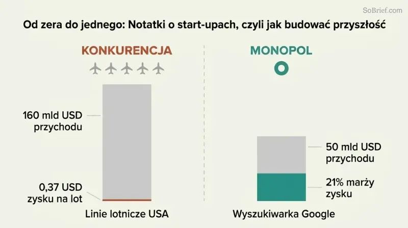 Split panel comparing airline competition with razor-thin profits against Google's monopoly with massive margins, using proportional revenue and profit bars.