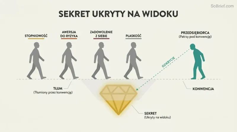 Cross-section showing four silhouettes walking along a convention line past a golden secret hidden just below the surface, while one teal figure stops to look down and discover it.
