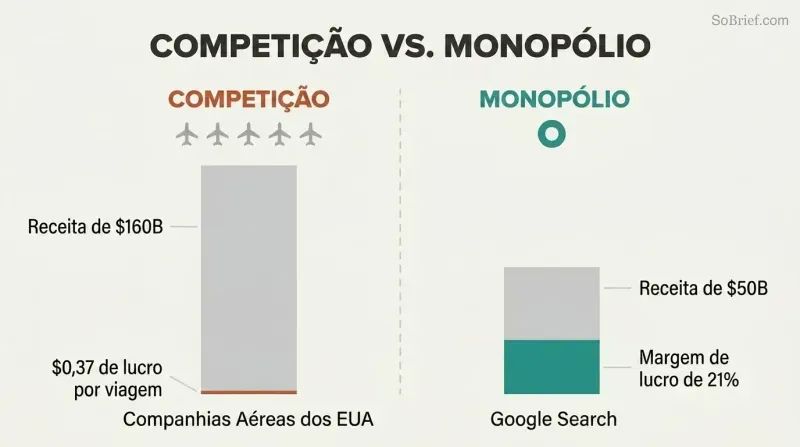 Split panel comparing airline competition with razor-thin profits against Google's monopoly with massive margins, using proportional revenue and profit bars.