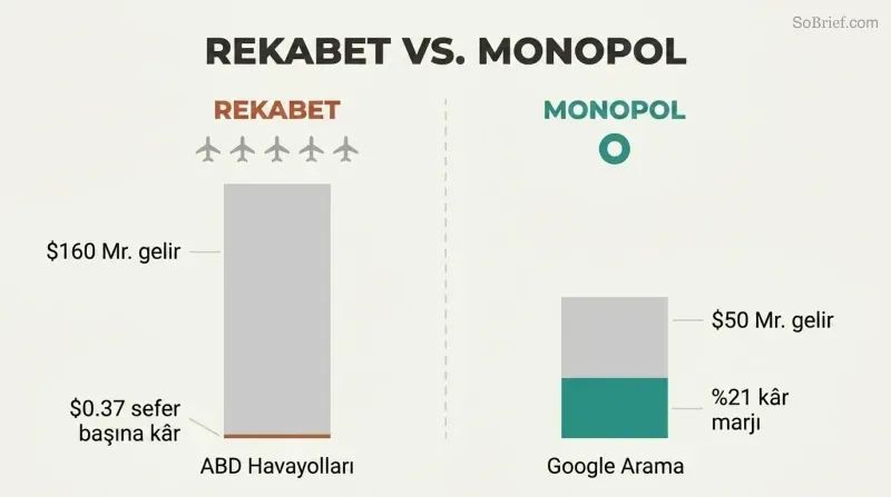 Split panel comparing airline competition with razor-thin profits against Google's monopoly with massive margins, using proportional revenue and profit bars.