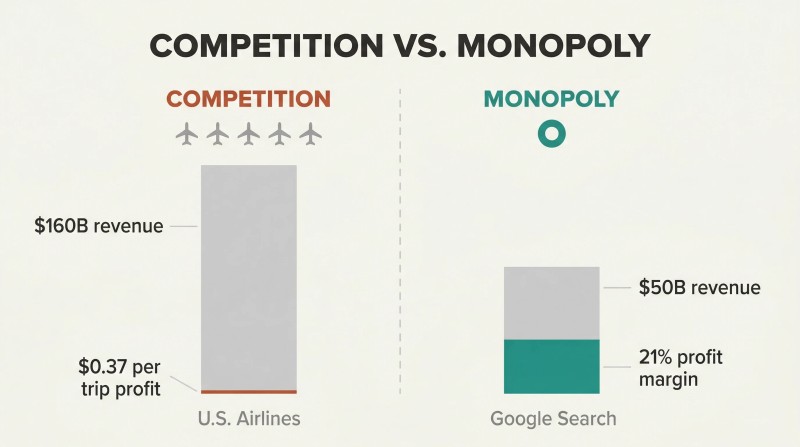 Split panel comparing airline competition with razor-thin profits against Google's monopoly with massive margins, using proportional revenue and profit bars.