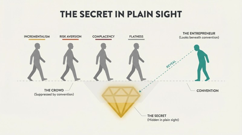 Cross-section showing four silhouettes walking along a convention line past a golden secret hidden just below the surface, while one teal figure stops to look down and discover it.