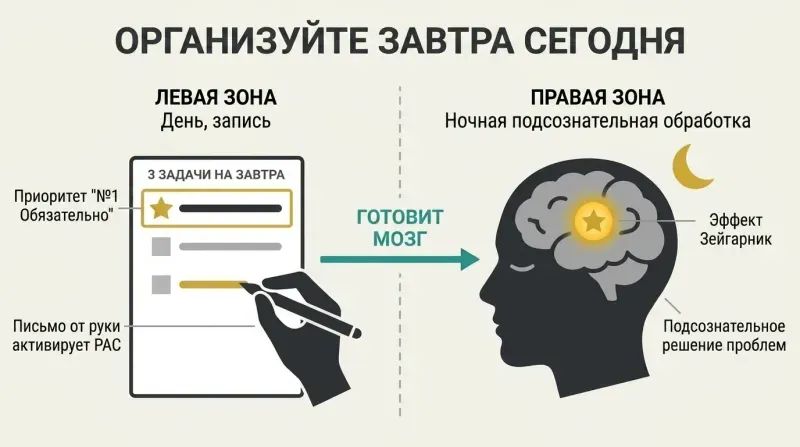A split-panel diagram showing a handwritten list of three priorities with one gold 'Must' task, which primes the sleeping brain to process and solve it overnight via the Zeigarnik effect.