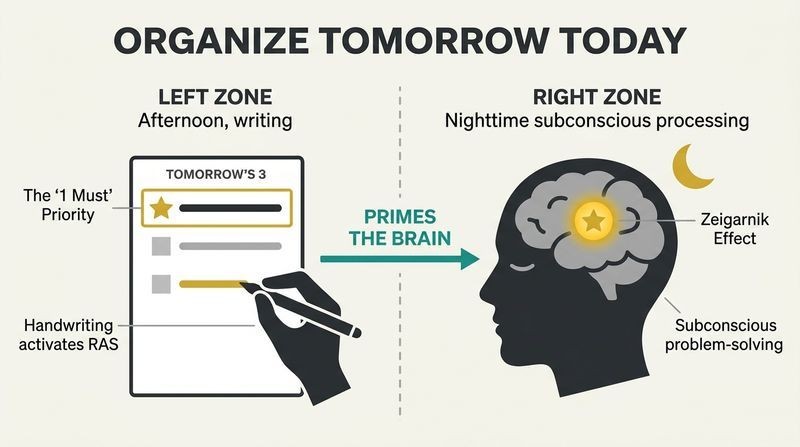 A split-panel diagram showing a handwritten list of three priorities with one gold 'Must' task, which primes the sleeping brain to process and solve it overnight via the Zeigarnik effect.