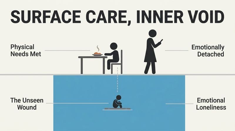 A split diagram contrasting a child's physically cared-for room with their hidden inner experience of drifting in a vast ocean.