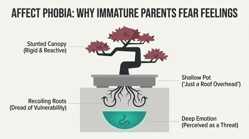 Profile diagram of an emotionally immature mind styled as a stunted bonsai tree, showing rigid surface behaviors and roots that recoil in fear from a deep pool of emotion.
