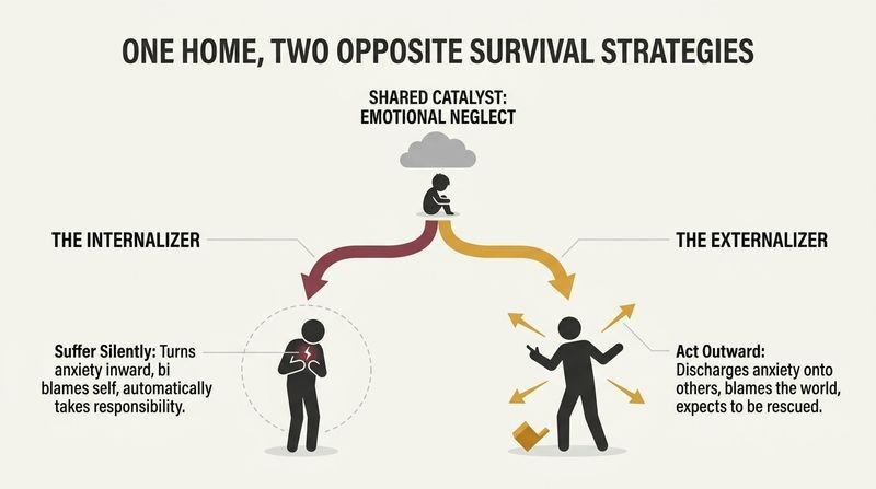 Fork diagram illustrating how children in neglectful homes split into internalizers who turn inward with self-blame, and externalizers who act outward by blaming the world.
