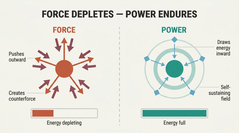 Split panel comparing force as outward-pushing arrows met by equal counter-arrows with a depleting energy bar, versus power as a stable field drawing energy inward with a full energy bar.