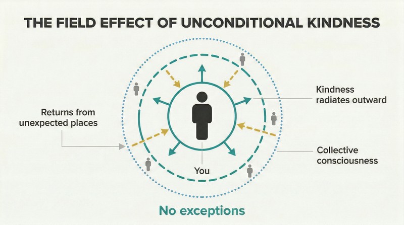 Central figure radiating kindness outward through concentric rings into a shared field, with arrows returning from unexpected directions showing non-linear reciprocity.