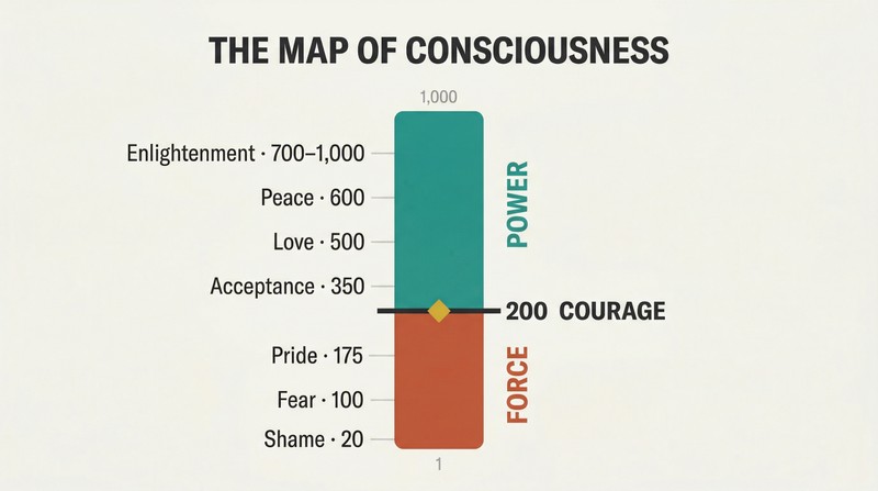 Vertical scale from 1 to 1,000 with emotions mapped at specific levels, divided at the 200 threshold between force and power.
