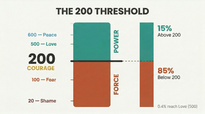 Vertical consciousness scale divided at level 200, with the large destructive zone below in warm tones and the smaller constructive zone above in cool tones, showing 85% of humanity below the line.