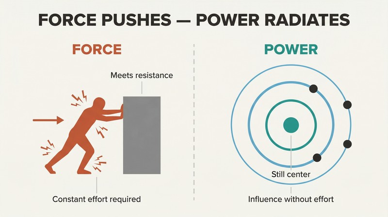 Split comparison showing force as a straining figure pushing against resistance on the left, versus power as a still center with objects naturally drawn into its gravitational field on the right.
