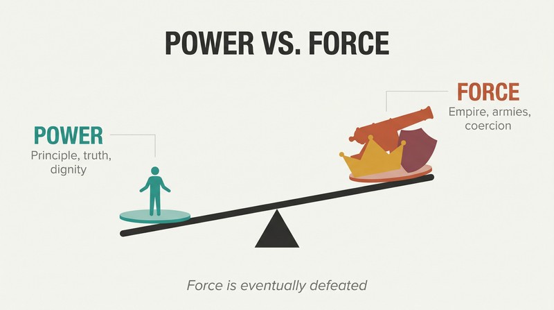 Tilted balance scale where a single small human silhouette outweighs a large collection of military and empire symbols, showing principle defeats might.