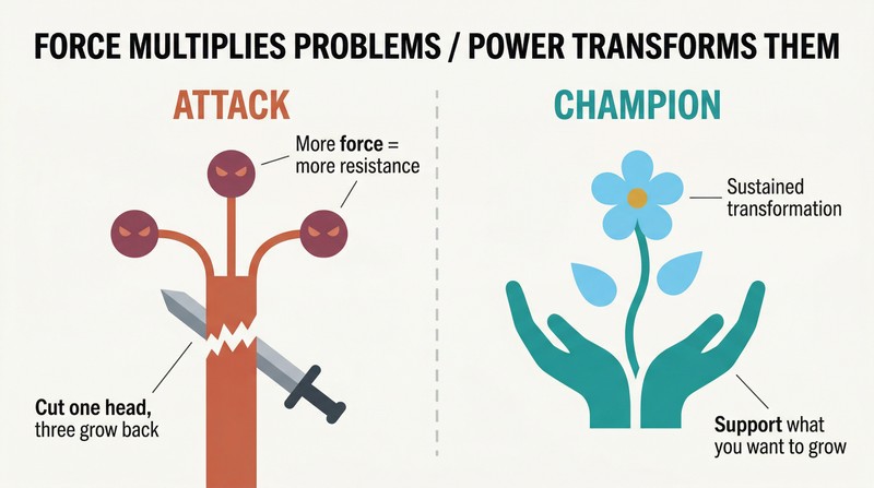 Split panel comparing attacking problems, shown as a hydra regrowing more heads when cut, versus championing solutions, shown as a single stem growing into a bloom.