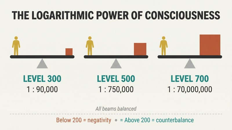Three balanced scales showing one person counterbalancing progressively larger crowds — 90 thousand, 750 thousand, and 70 million — as consciousness level rises.