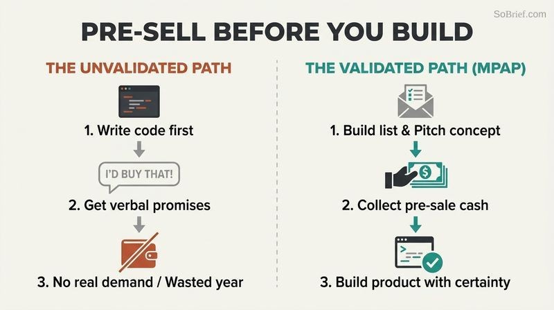Split panel comparison showing the risky path of building code first and getting zero sales, versus the validated path of collecting cash first and coding with certainty.