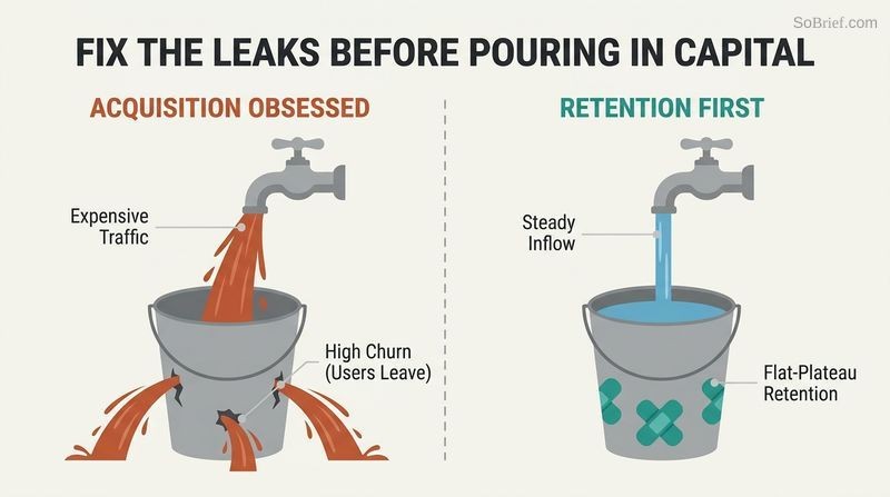 Split panel illustration comparing a leaky bucket draining expensive acquisition water with a sealed bucket retaining users for sustainable growth.