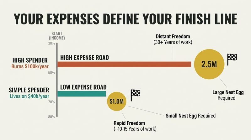 Horizontal comparison diagram illustrating how high expenses push the financial independence finish line far away, while lower expenses bring it dramatically closer.