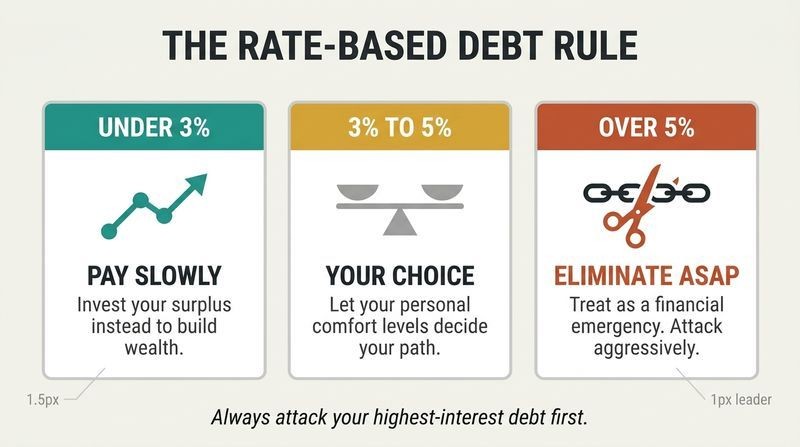 Three-column decision matrix showing how to prioritize debt payments based on interest rate levels.