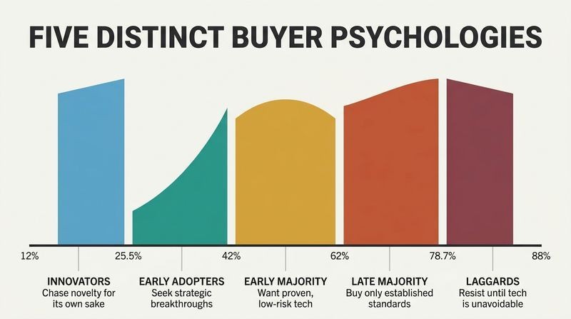 A segmented bell curve split by vertical gaps into five distinct, color-coded buyer groups, demonstrating that technology adoption is divided into separate psychographic profiles.