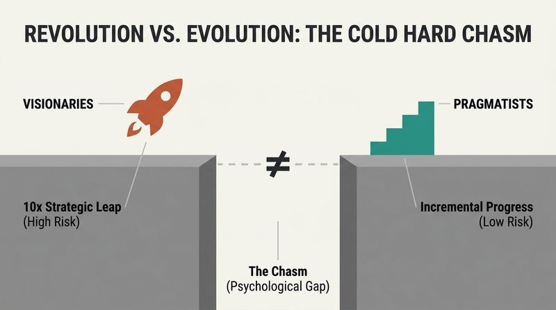 Split cliff diagram showing how visionaries on the left seek a strategic rocket-like leap, while pragmatists on the right demand steady step-by-step evolution, leaving an unbridgeable chasm of trust between them.